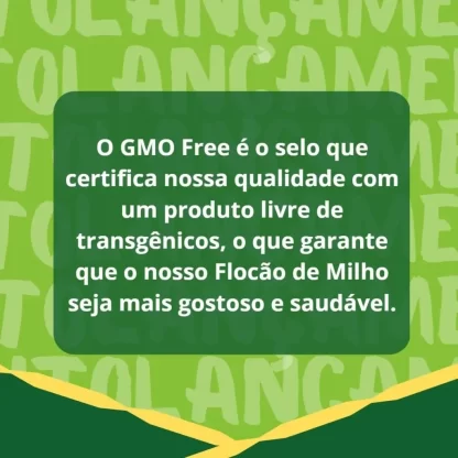 Banner do produto Flocão de Milho GMO Free Bonomilho 500g ressaltando o fato do produto ser livre de transgênico