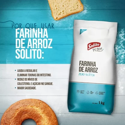 Banner do produto Farinha De Arroz Solito 1kg listando razões para usar o produto