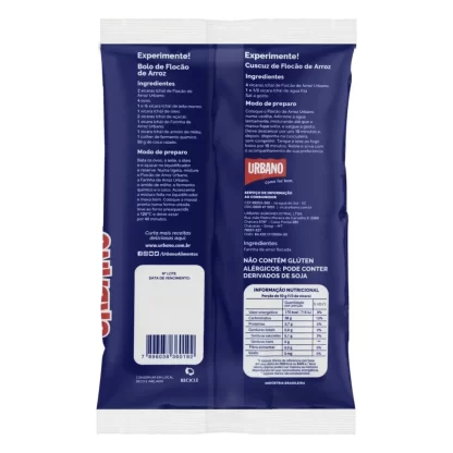 Foto do verso da embalagem do produto Flocão de Arroz Zero Glúten Urbano 500g